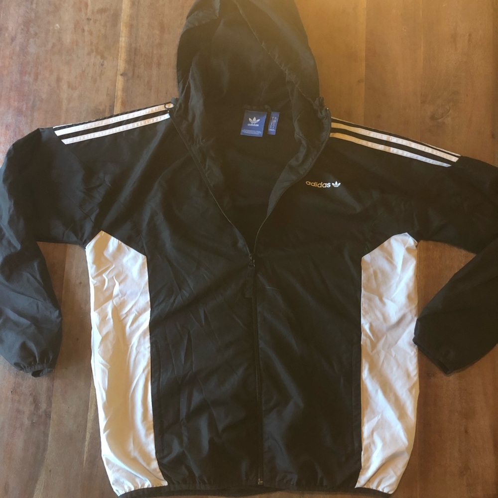 adidas Jacket Black and White Nylon Hooded Windbreaker Three Stripes